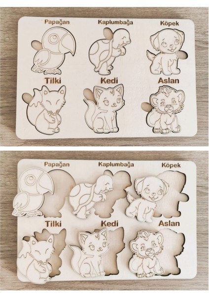 montessori Eğitici Boyanabilir Ahşap Tak Cıkar Puzzle Oyuncak 3 Lü Set,hayvanlar,yapraklar,meyveler1 Adet