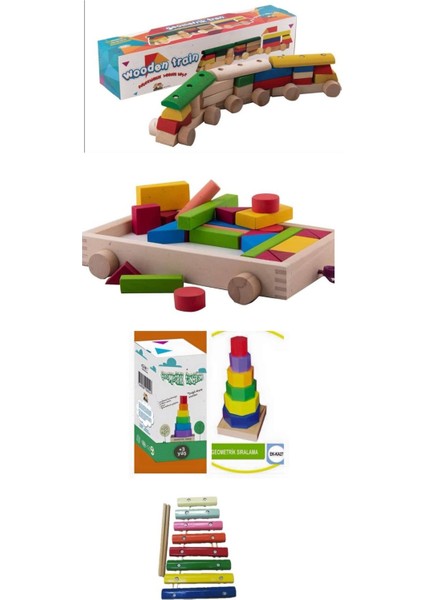 ahşap Oyuncak Seti Arabalı Blok-Geometrik Tren-Renkli Prizma Kule -Ahşap Ksilofon1 Adet