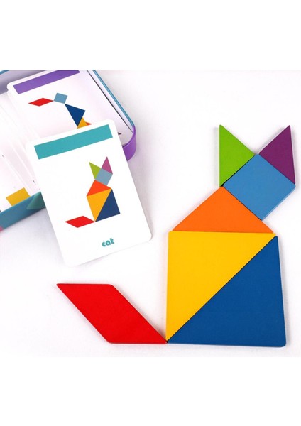 1 Kutu Tangram Bulmacalar Oyuncak Ahşap Desen Blokları Yapboz1 Adet