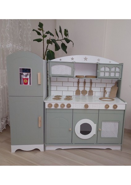 rattan Şıklığında Ahşap Oyuncak Mutfak ve Buzdolabı1 Adet