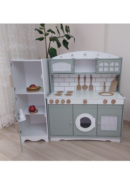 rattan Şıklığında Ahşap Oyuncak Mutfak ve Buzdolabı1 Adet