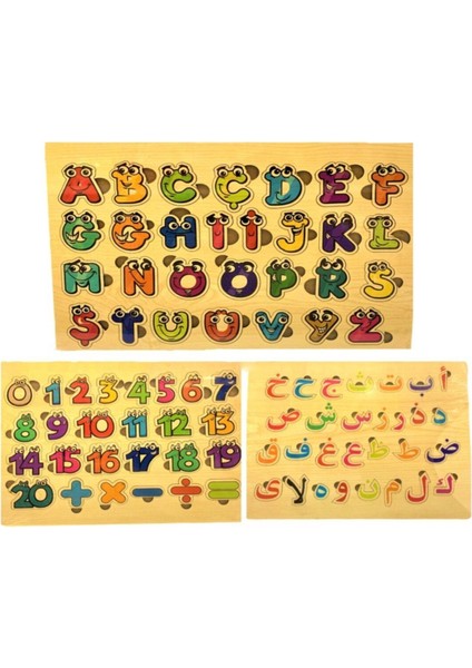 ahşap Harf, Rakam ve Arapça Bultak Puzzle 3'in 1 Set Harf, Sayı ve Arapça Alfabe Öğreniyorum Seti1 Adet