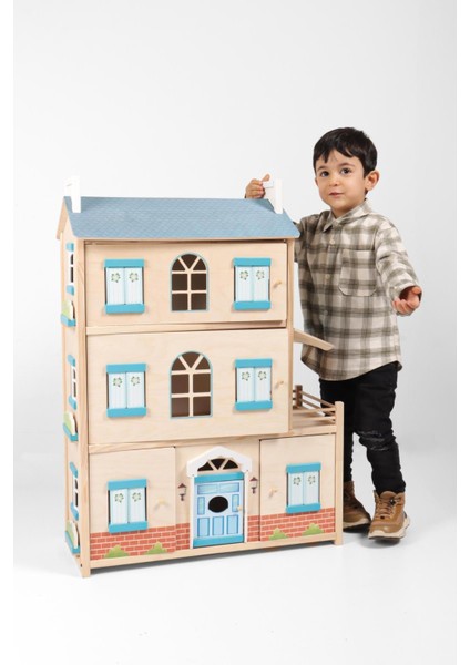EV23 Ahşap Oyun Evi, Çocuk Mavi Oyun Evi, Hediye Çocuk Halısı1 Adet