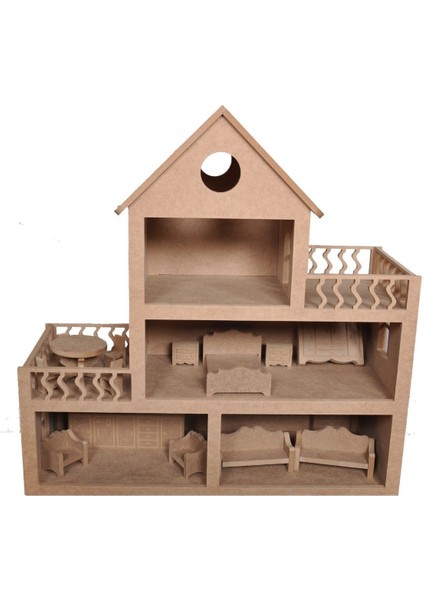 ahşap Oyuncak Bebek Evi(15 Adet Mobilyalı)1 Adet