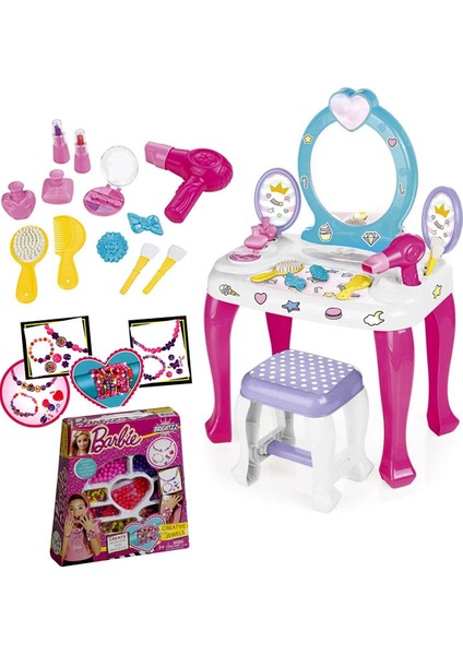 unicorn Makyaj Masası ve Tabure Seti Kız Oyun Seti Oyuncak Tabureli 17 Parça + Takı Seti1 Adet