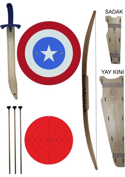 doğal Ahşap Ok Yay Kaptan Amerika Kalkanı Kılıç Yay Kını Sadak Hedef1 Adet