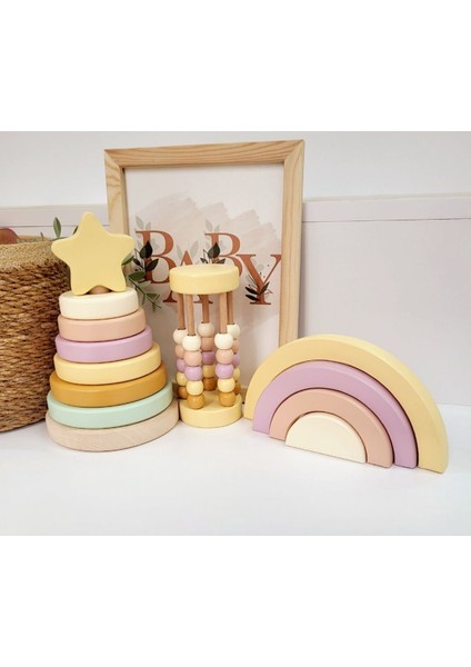 Halka Kule Set (Halka Kule + Abaküs + Gökkuşağı )Ahşap Oyuncak Dekor Montessori Oyuncak 1 Adet