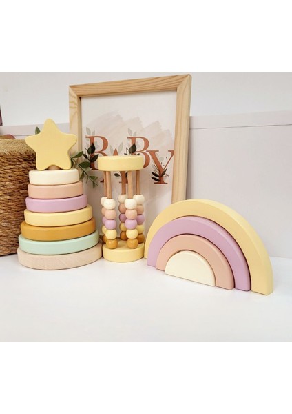 Halka Kule Set (Halka Kule + Abaküs + Gökkuşağı )Ahşap Oyuncak Dekor Montessori Oyuncak 1 Adet