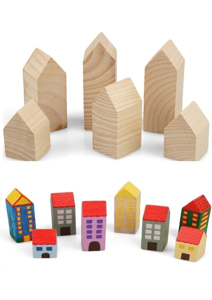 ahşap Dekoratif Peg Kule ve Şehir Boyama Seti Altı Farklı Boy ve Boyalı Set1 Adet