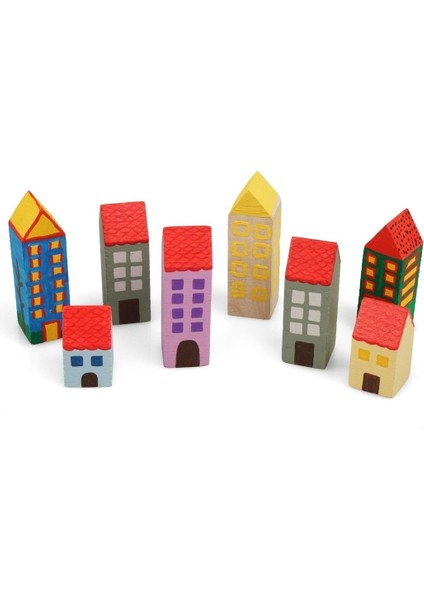 ahşap Dekoratif Peg Kule ve Şehir Boyama Seti Altı Farklı Boy ve Boyalı Set1 Adet