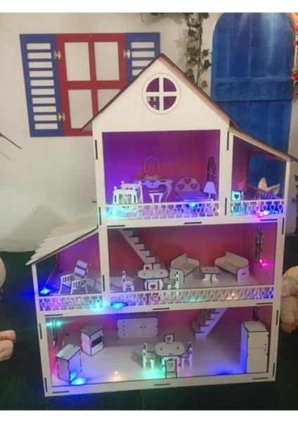 ahşap Çocuk Oyun Evi Ledli 80CM ve 25 Mobilyalı1 Adet