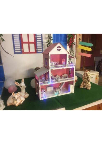 ahşap Çocuk Oyun Evi Ledli 80CM ve 25 Mobilyalı1 Adet