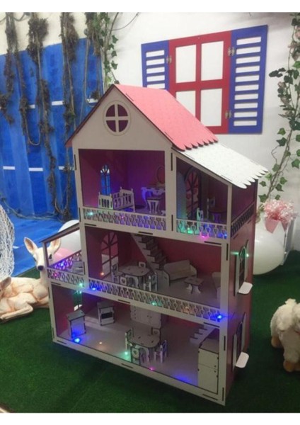 ahşap Çocuk Oyun Evi Ledli 80CM ve 25 Mobilyalı1 Adet