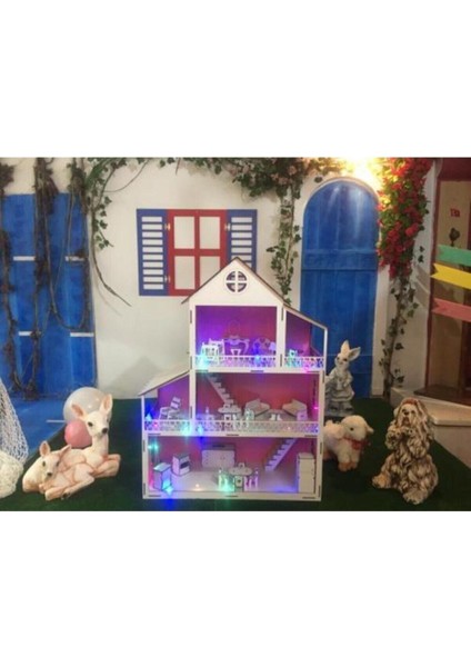 ahşap Çocuk Oyun Evi Ledli 80CM ve 25 Mobilyalı1 Adet