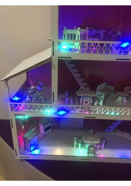 ahşap Çocuk Oyun Evi Ledli 80CM ve 25 Mobilyalı1 Adet