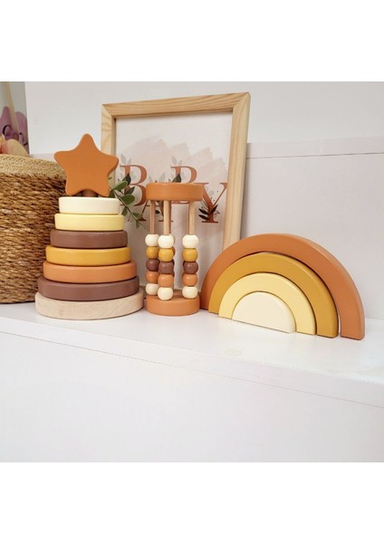 Halka Kule Set (Halka Kule + Abaküs + Gökkuşağı )Ahşap Oyuncak Dekor Montessori Oyuncak 1 Adet