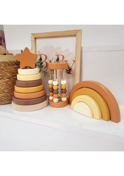 Halka Kule Set (Halka Kule + Abaküs + Gökkuşağı )Ahşap Oyuncak Dekor Montessori Oyuncak 1 Adet