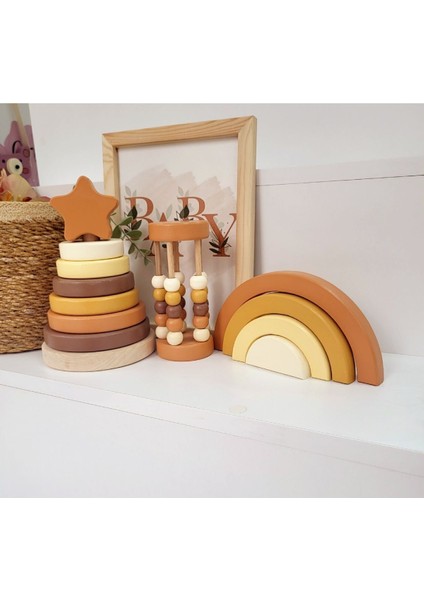 Halka Kule Set (Halka Kule + Abaküs + Gökkuşağı )Ahşap Oyuncak Dekor Montessori Oyuncak 1 Adet
