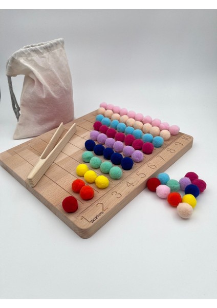 montessori Eğitici Ahşap Oyuncak – Renkli Keçe Topları Sayıları Öğrenme Tahtası1 Adet