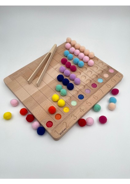 montessori Eğitici Ahşap Oyuncak – Renkli Keçe Topları Sayıları Öğrenme Tahtası1 Adet