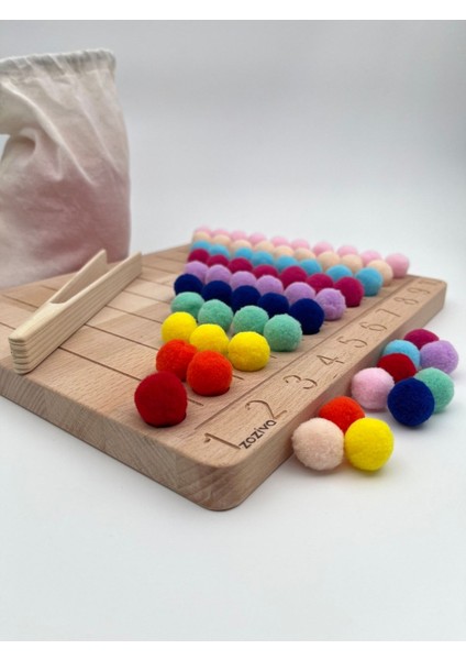montessori Eğitici Ahşap Oyuncak – Renkli Keçe Topları Sayıları Öğrenme Tahtası1 Adet