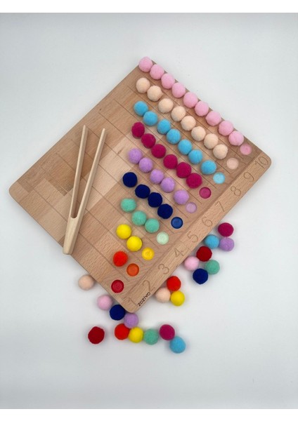 montessori Eğitici Ahşap Oyuncak – Renkli Keçe Topları Sayıları Öğrenme Tahtası1 Adet