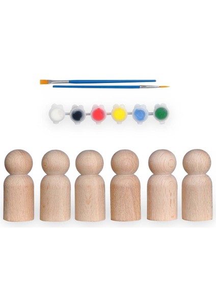 Toys Ahşap El Yapımı Peg Bebek 6'lı Boyama Seti Fırça Boya Dahil -Peg8-7,5cm1 Adet