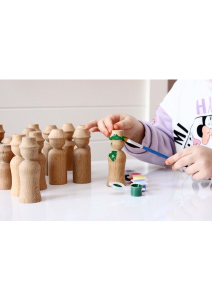 Toys Ahşap El Yapımı Peg Bebek 6'lı Boyama Seti Fırça Boya Dahil -Peg8-7,5cm1 Adet
