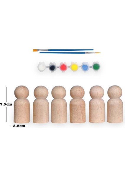 Toys Ahşap El Yapımı Peg Bebek 6'lı Boyama Seti Fırça Boya Dahil -Peg8-7,5cm1 Adet