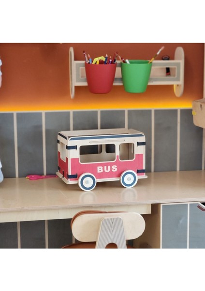 toy Bus Oyuncak Otobüs 32CM x 19CM x 21CM Ahşap Oyuncak Sarı-Kahverengi-Mavi-Kırmızı1 Adet