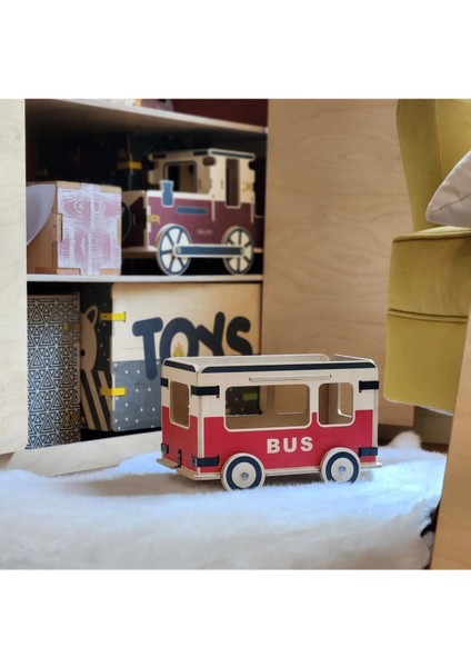 toy Bus Oyuncak Otobüs 32CM x 19CM x 21CM Ahşap Oyuncak Sarı-Kahverengi-Mavi-Kırmızı1 Adet