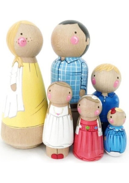 6 Dekoratif Peg Aile Boyama Seti Doğal Ahşap Peg Bebek Boya ve Fırça Bej 3+ Yaş1 Adet