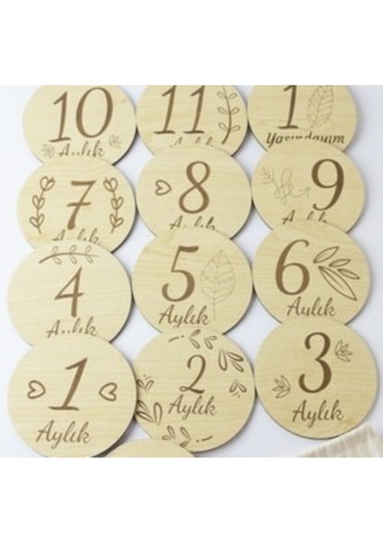 Luxuryahşap Aylık Plak Seti 12 cm Yenidoğan Hediye Kartları1 Adet