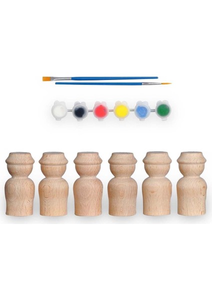 Toys Ahşap El Yapımı Peg Bebek 6'lı Boyama Seti Fırça Boya Dahil -PEG21 Adet