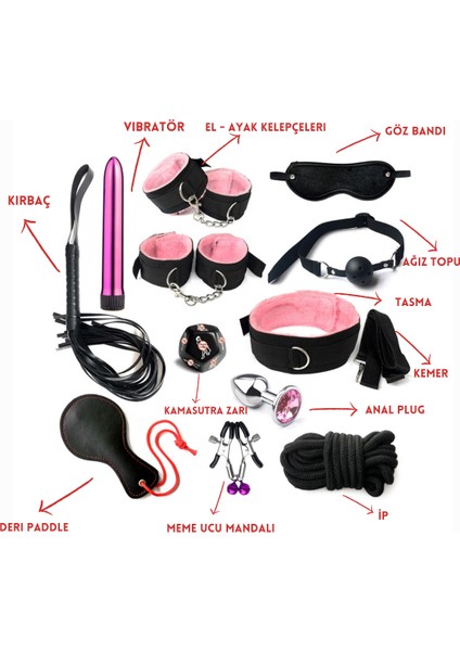 Çok Parçalı Deri Bdsm Kelepçe Kırbaç Fantezi Seti | 13 Parça | Pembe | Gizli Paket