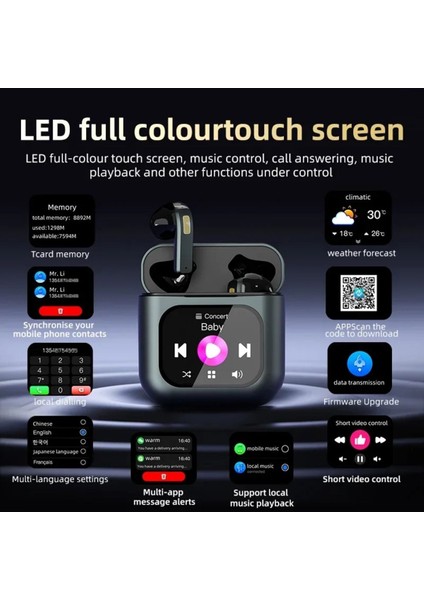 TWS K1 Akıllı Bluetooth Kulaklık ENC Dokunmatik Ekranlı 8GB Hafıza Sesli Görüşme Kulak İçi Kulaklık