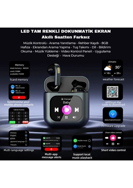 TWS K1 Akıllı Bluetooth Kulaklık ENC Dokunmatik Ekranlı 8GB Hafıza Sesli Görüşme Kulak İçi Kulaklık