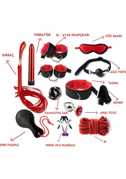 Fantazi Çok Parçalı Deri Bdsm Kelepçe Kırbaç Dev Fantezi Seti | 13 Parça | Kırmızı | Gizli Ürün