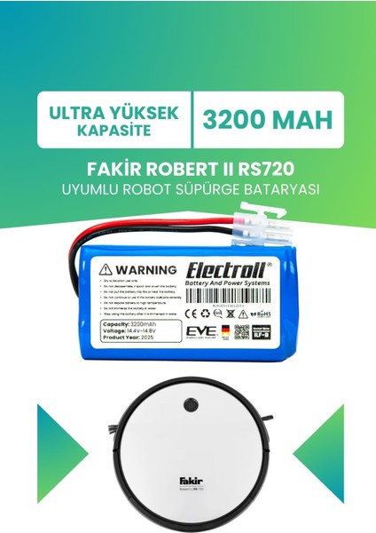 Fakir Robert Rs720 Uyumlu Batarya (ULTRA YÜKSEK KAPASİTE) 3200mah Pil Robot Süpürge Batarya Değişimi
