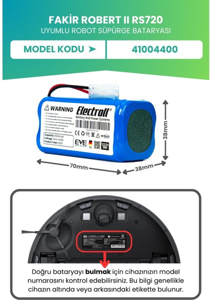 Fakir Robert Rs720 Uyumlu Batarya (ULTRA YÜKSEK KAPASİTE) 3200mah Pil Robot Süpürge Batarya Değişimi