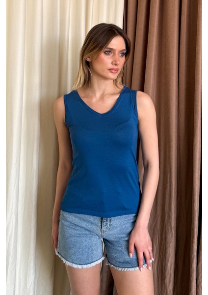 Kadın V Yaka Kolsuz Bluz 4384 fırsatları
