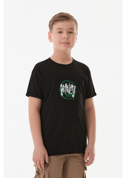 %100 Pamuk Yazı Baskılı Bisiklet Yaka Erkek Çocuk Tişört