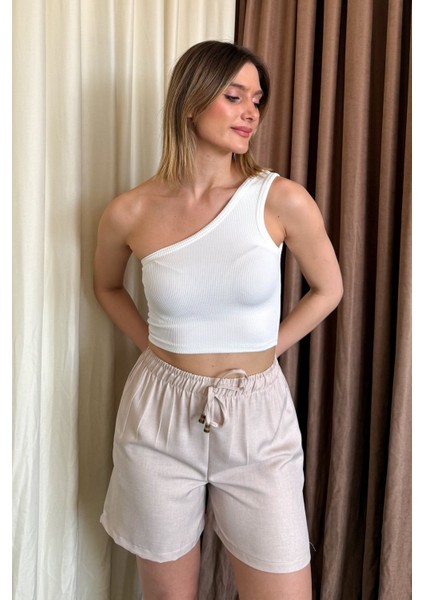 Kadın Tek Omuz Askılı Crop Bluz 6170