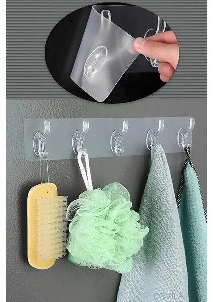 5'li Şeffaf Kendinden Yapışkanlı Silikon Askı, Turuncu, Plastik, Parça Sayısı 5