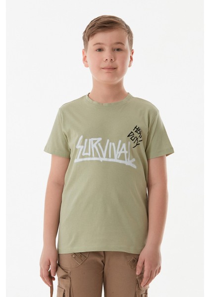 %100 Pamuk Survıval Yazı Baskılı Erkek Çocuk Tişört