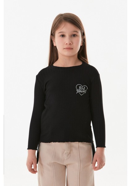 Fitilli Girl Power Baskılı Yanları Büzgülü Kız Çocuk Bluz