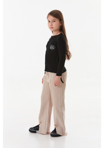 Fitilli Girl Power Baskılı Yanları Büzgülü Kız Çocuk Bluz