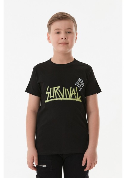 %100 Pamuk Survıval Yazı Baskılı Erkek Çocuk Tişört