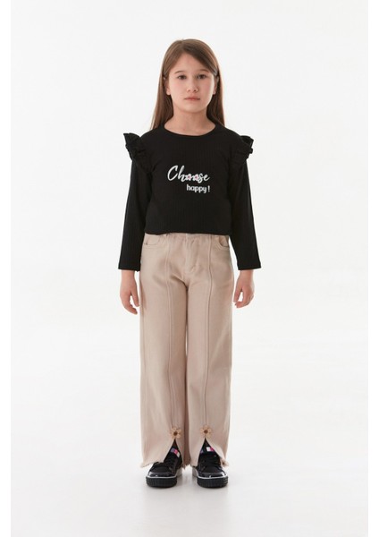 Çiçek Nakışlı Paçası Püsküllü Kız Çocuk Pantolon