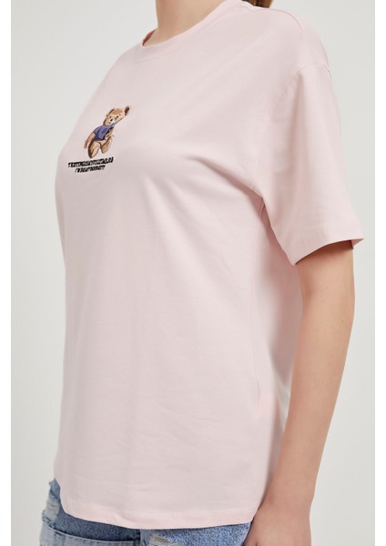 Armalıfe 6201 Ayıcık Nakışlı Bisiklet Yaka Rahat Kalıp Kadın T-Shırt fırsatları